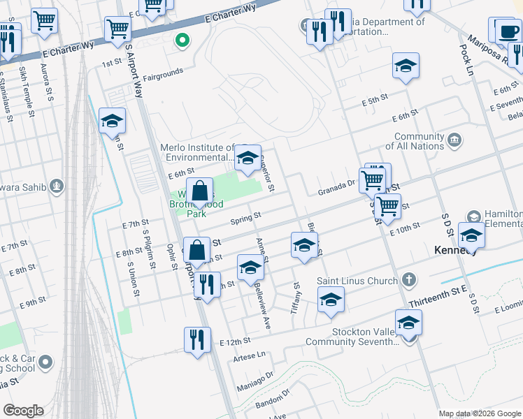map of restaurants, bars, coffee shops, grocery stores, and more near 1630 Seventh Street East in Stockton