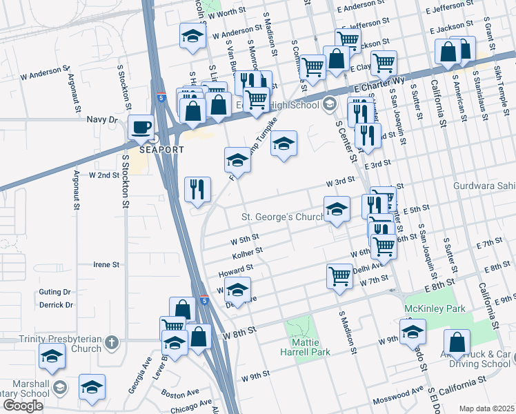 map of restaurants, bars, coffee shops, grocery stores, and more near 332 West 3rd Street in Stockton