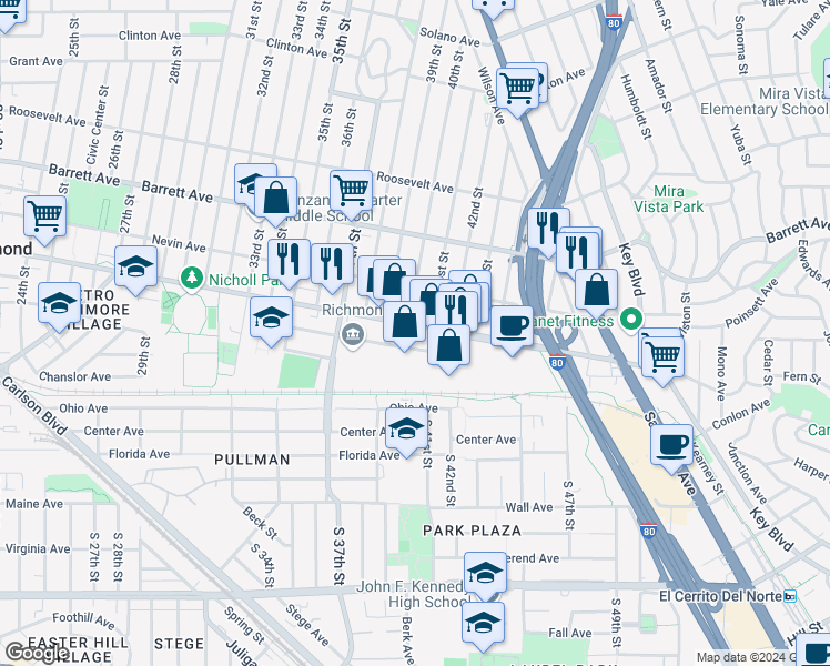map of restaurants, bars, coffee shops, grocery stores, and more near 303 41st Street in Richmond