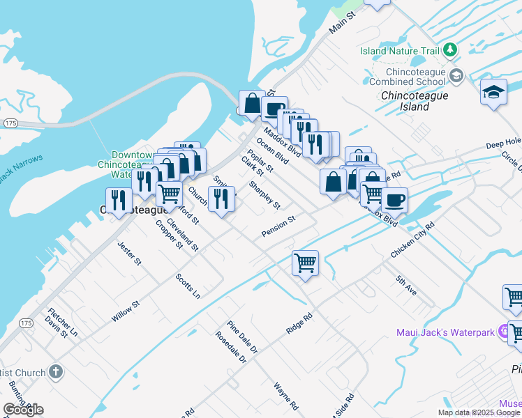 map of restaurants, bars, coffee shops, grocery stores, and more near 6266 Sharpley Street in Chincoteague Island