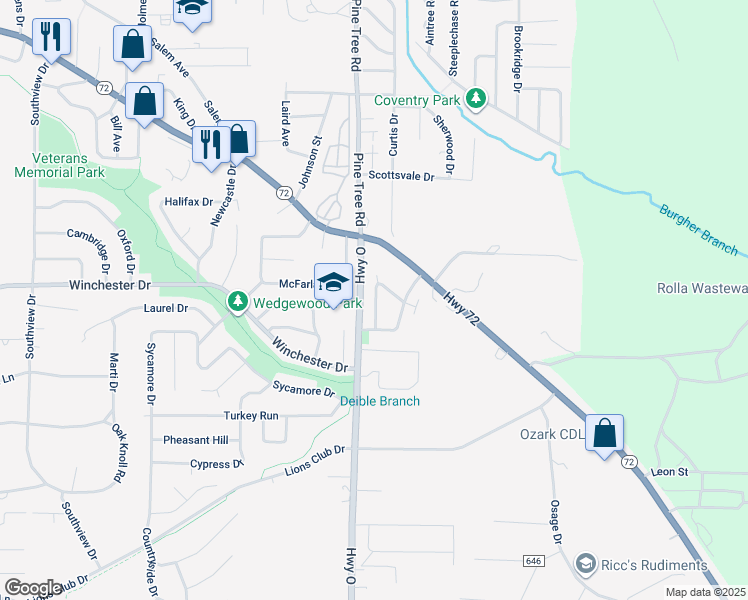 map of restaurants, bars, coffee shops, grocery stores, and more near 714 Republic Drive in Rolla