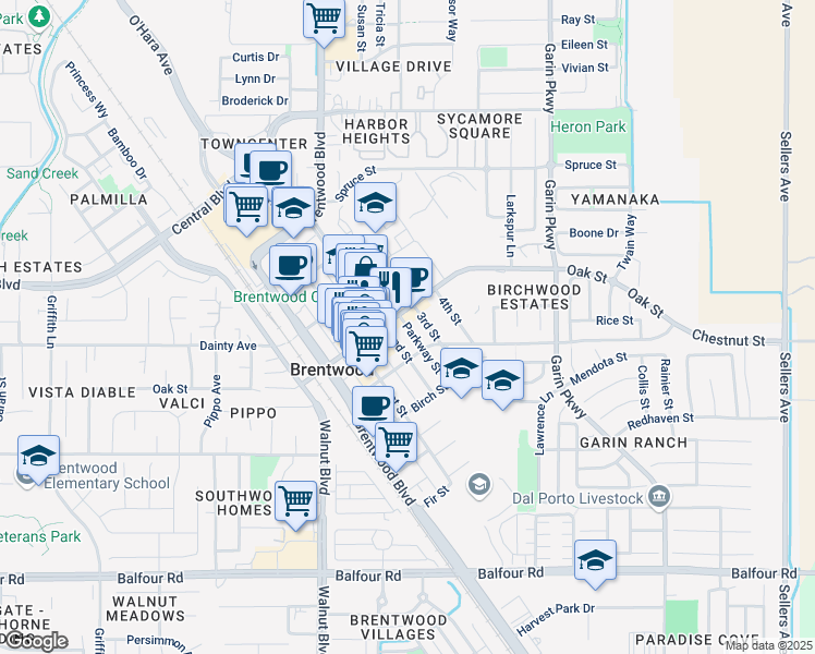 map of restaurants, bars, coffee shops, grocery stores, and more near in Brentwood