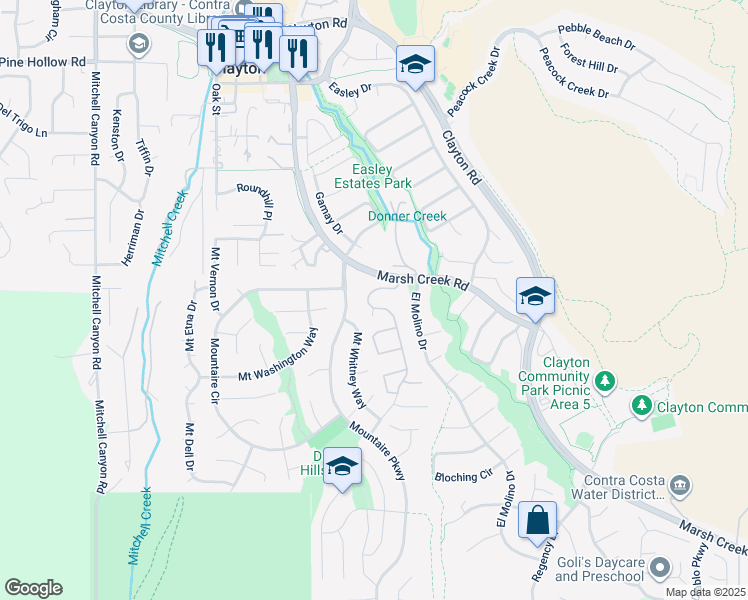 map of restaurants, bars, coffee shops, grocery stores, and more near 4 Mount Wilson Way in Clayton