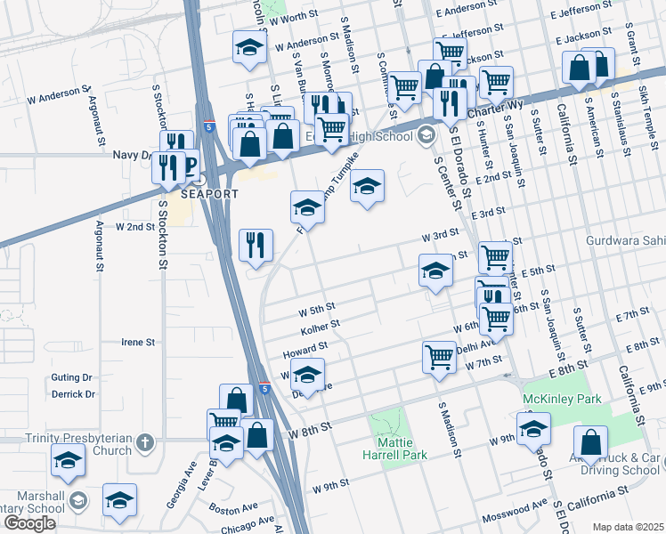 map of restaurants, bars, coffee shops, grocery stores, and more near 332 West 3rd Street in Stockton