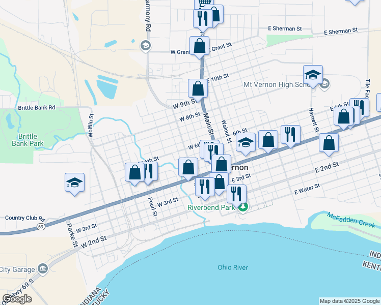 map of restaurants, bars, coffee shops, grocery stores, and more near 530 Mill Street in Mount Vernon