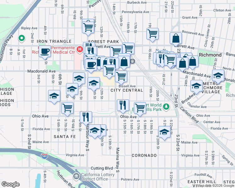 map of restaurants, bars, coffee shops, grocery stores, and more near 159 Marina Way in Richmond