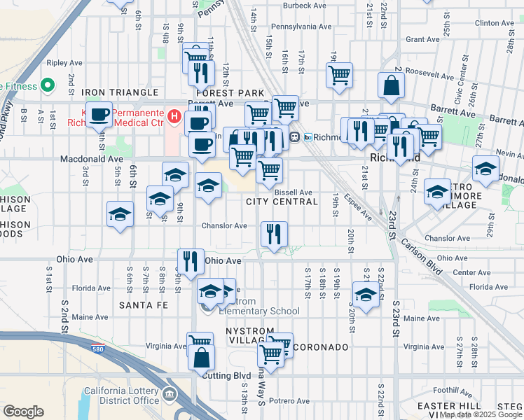 map of restaurants, bars, coffee shops, grocery stores, and more near 130 Marina Way in Richmond