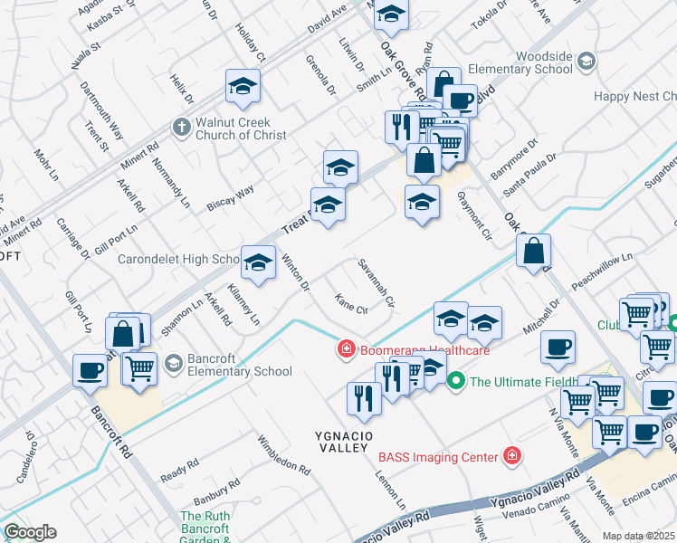 map of restaurants, bars, coffee shops, grocery stores, and more near 933 Savannah Circle in Walnut Creek