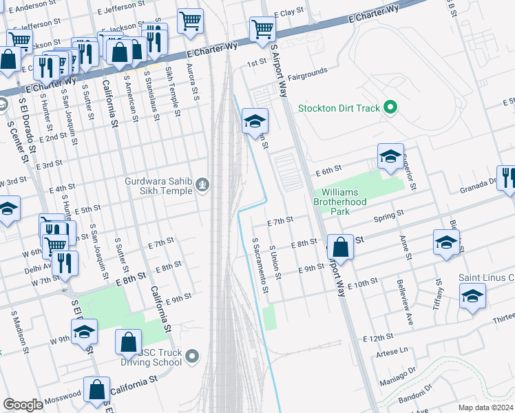 map of restaurants, bars, coffee shops, grocery stores, and more near 2005 South Union Street in Stockton