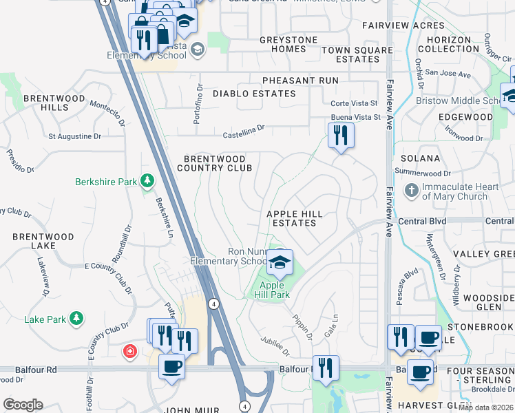 map of restaurants, bars, coffee shops, grocery stores, and more near 512 Red Rome Lane in Brentwood