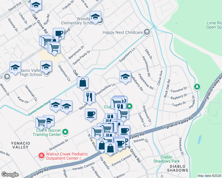 map of restaurants, bars, coffee shops, grocery stores, and more near 3150 Meadow View Lane in Walnut Creek