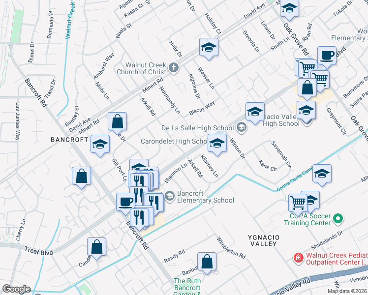 map of restaurants, bars, coffee shops, grocery stores, and more near 1540 Arkell Road in Walnut Creek