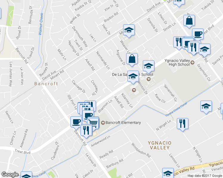 map of restaurants, bars, coffee shops, grocery stores, and more near 1520 Arkell Road in Walnut Creek