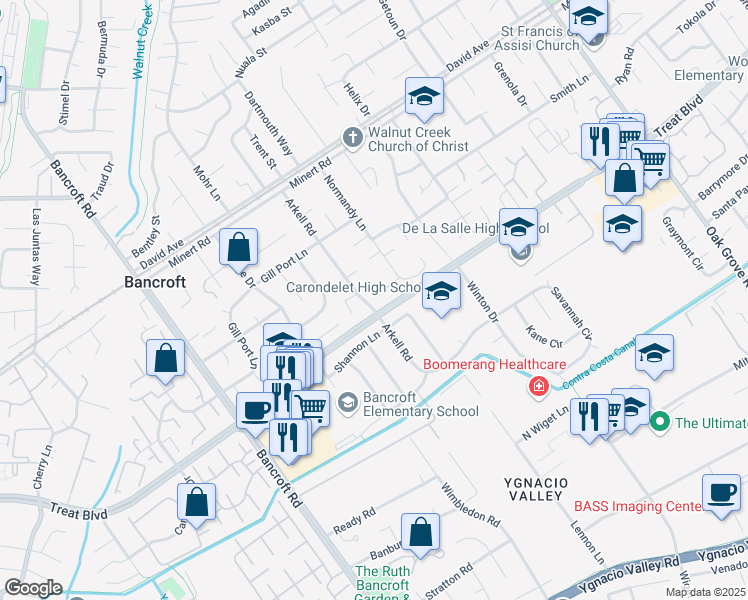 map of restaurants, bars, coffee shops, grocery stores, and more near 1520 Arkell Road in Walnut Creek