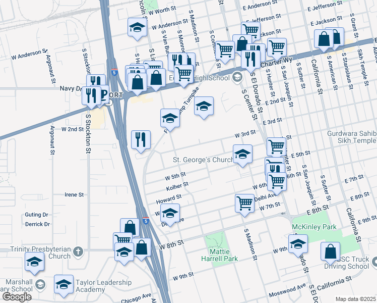 map of restaurants, bars, coffee shops, grocery stores, and more near 332 West 3rd Street in Stockton