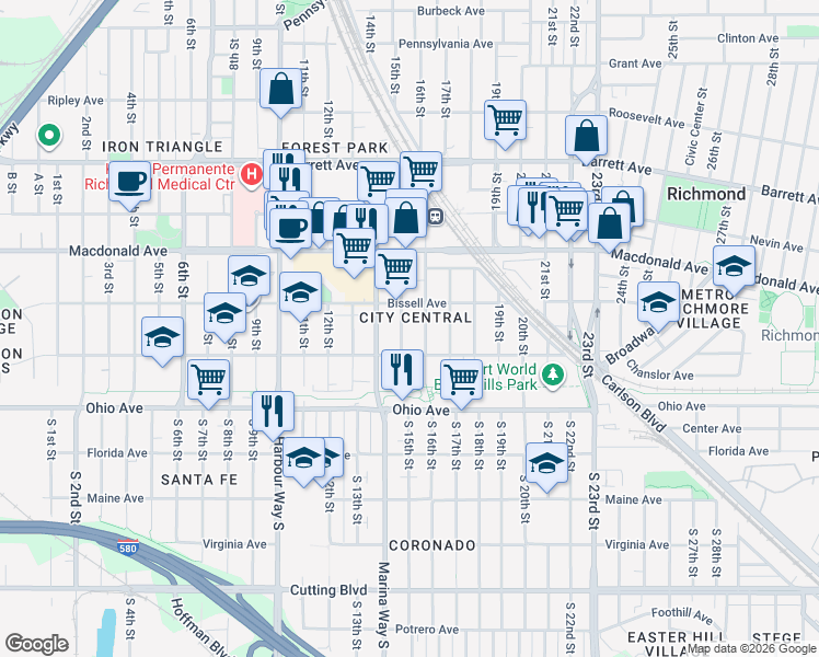 map of restaurants, bars, coffee shops, grocery stores, and more near 154 15th Street in Richmond