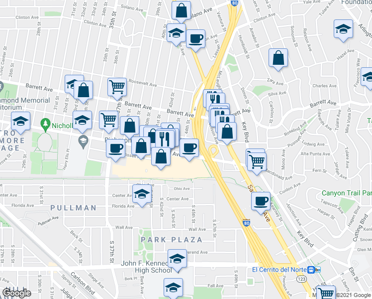 map of restaurants, bars, coffee shops, grocery stores, and more near 320 44th Street in Richmond
