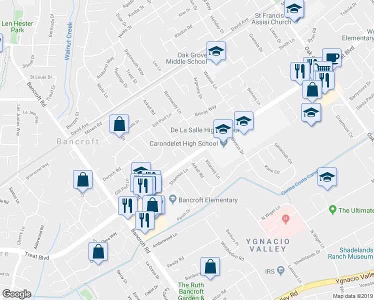 map of restaurants, bars, coffee shops, grocery stores, and more near 1540 Arkell Road in Walnut Creek