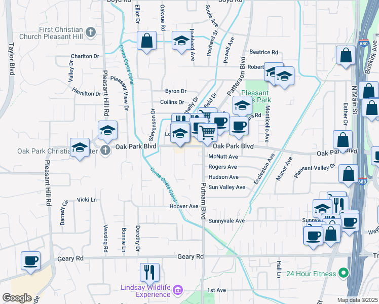 map of restaurants, bars, coffee shops, grocery stores, and more near 1911 Oak Park Boulevard in Pleasant Hill