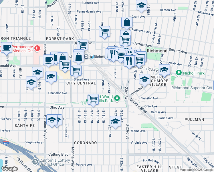 map of restaurants, bars, coffee shops, grocery stores, and more near 155 20th Street in Richmond