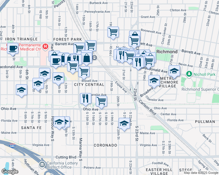 map of restaurants, bars, coffee shops, grocery stores, and more near 146 18th Street in Richmond