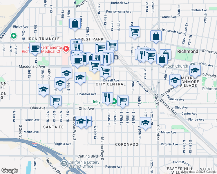 map of restaurants, bars, coffee shops, grocery stores, and more near 154 15th Street in Richmond