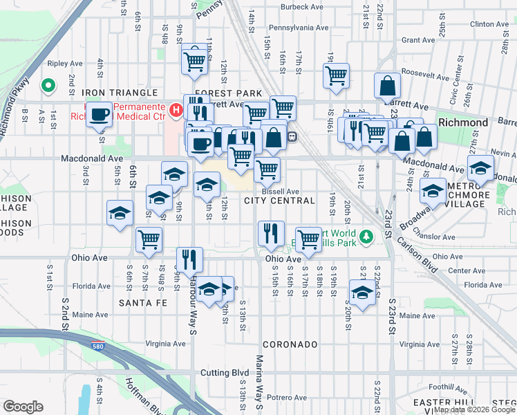 map of restaurants, bars, coffee shops, grocery stores, and more near 159 Marina Way in Richmond