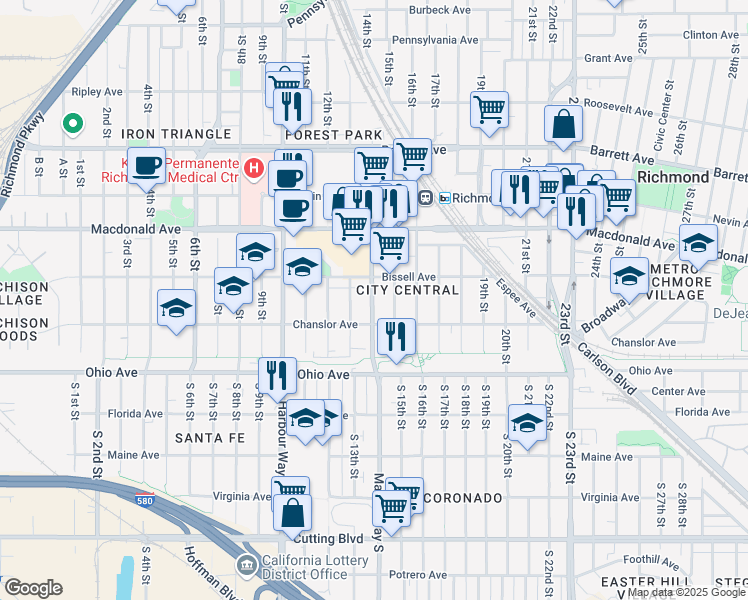 map of restaurants, bars, coffee shops, grocery stores, and more near 159 Marina Way in Richmond