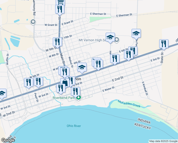 map of restaurants, bars, coffee shops, grocery stores, and more near 421 Locust St in Mt Vernon