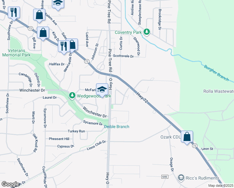 map of restaurants, bars, coffee shops, grocery stores, and more near 714 Republic Drive in Rolla