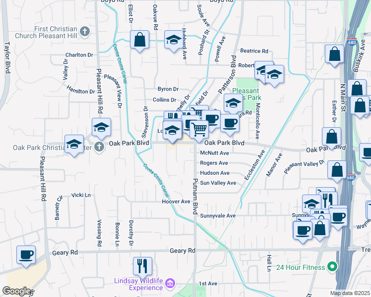 map of restaurants, bars, coffee shops, grocery stores, and more near 1911 Oak Park Boulevard in Pleasant Hill