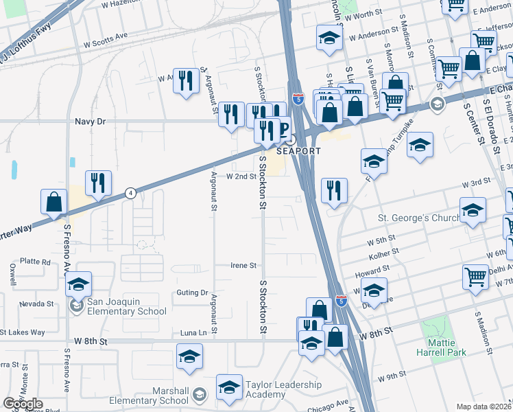 map of restaurants, bars, coffee shops, grocery stores, and more near 1717 South Stockton Street in Stockton