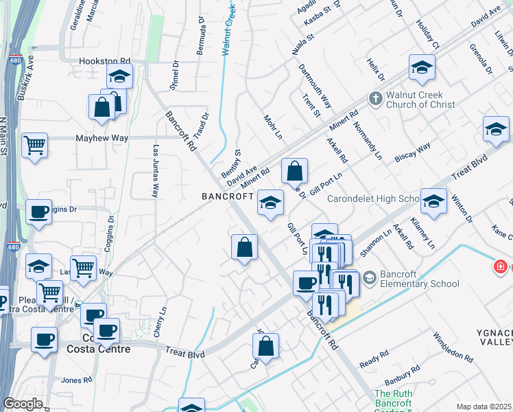 map of restaurants, bars, coffee shops, grocery stores, and more near 1145 Flowerwood Place in Walnut Creek