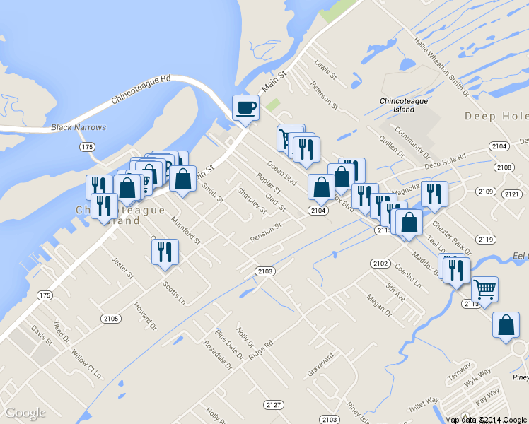 map of restaurants, bars, coffee shops, grocery stores, and more near 6266 Sharpley Street in Chincoteague Island