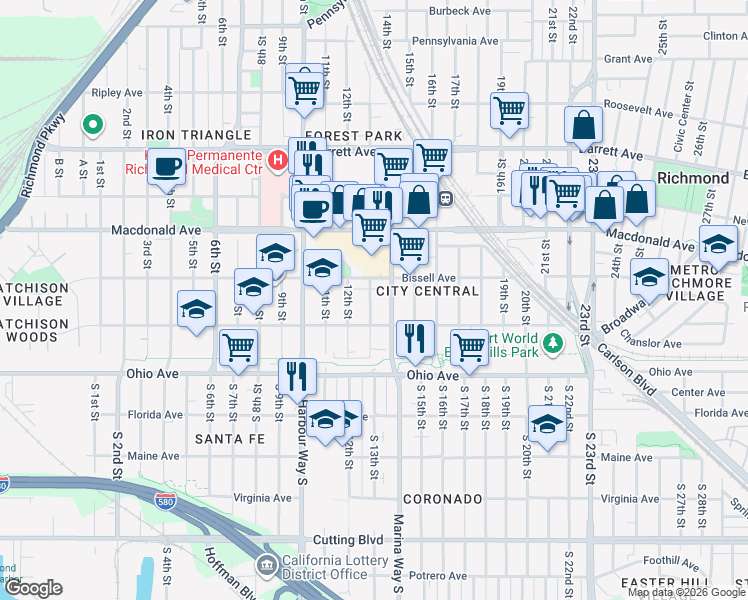 map of restaurants, bars, coffee shops, grocery stores, and more near 159 Marina Way in Richmond