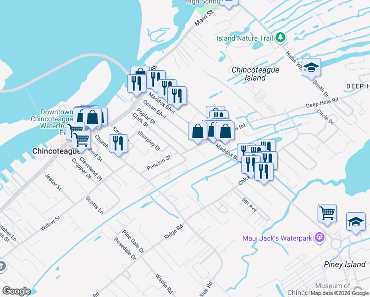 map of restaurants, bars, coffee shops, grocery stores, and more near 6313 Poplar Street in Chincoteague Island