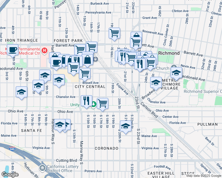map of restaurants, bars, coffee shops, grocery stores, and more near 146 18th Street in Richmond