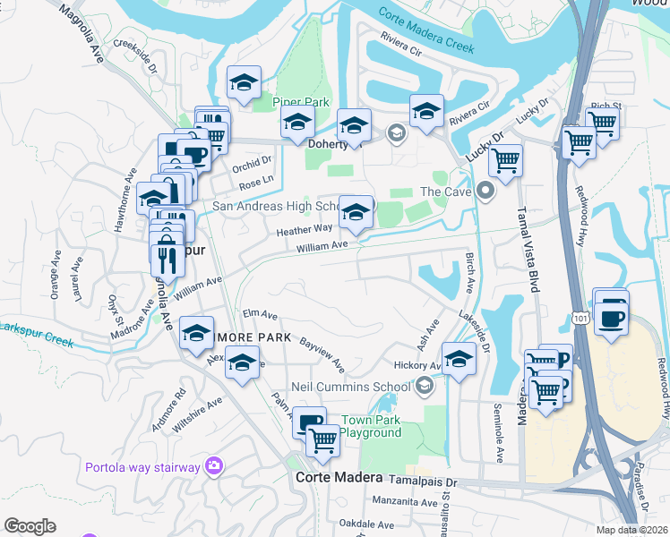 map of restaurants, bars, coffee shops, grocery stores, and more near 200 Birch Avenue in Larkspur