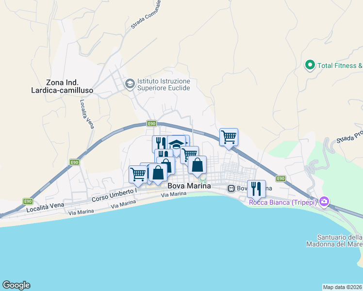 map of restaurants, bars, coffee shops, grocery stores, and more near 23 Via Monte Santo in Bova Marina