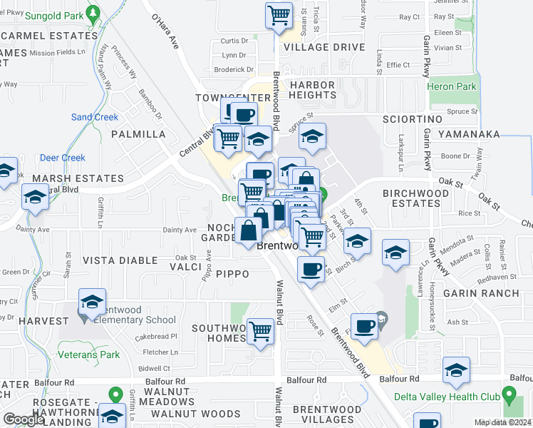 map of restaurants, bars, coffee shops, grocery stores, and more near 8340 Brentwood Boulevard in Brentwood