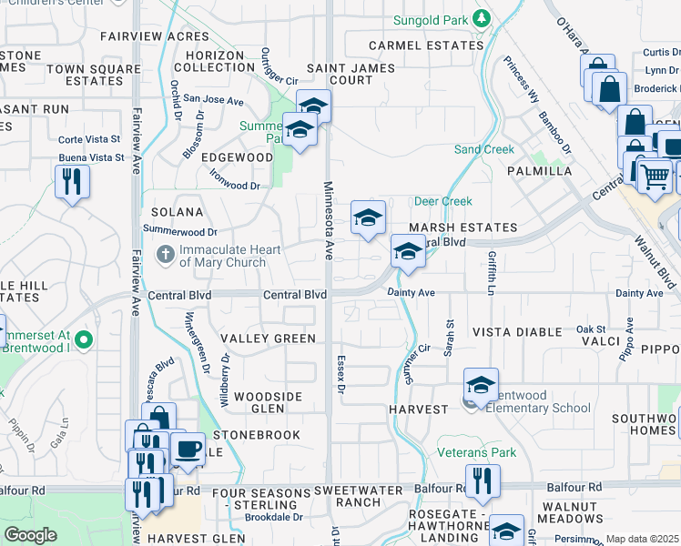 map of restaurants, bars, coffee shops, grocery stores, and more near 955 Antelope Terrace in Brentwood