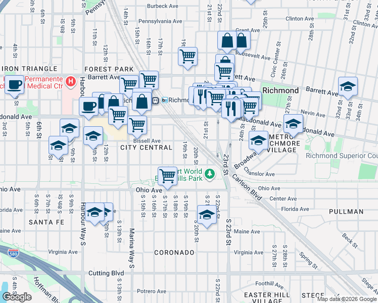 map of restaurants, bars, coffee shops, grocery stores, and more near 146 19th Street in Richmond