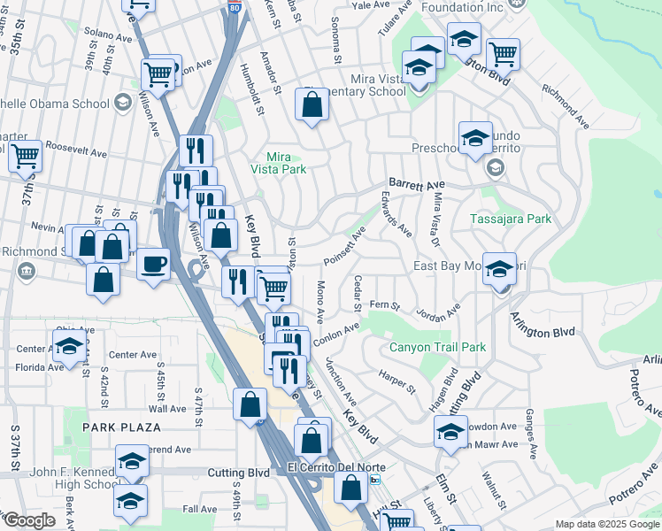 map of restaurants, bars, coffee shops, grocery stores, and more near 5408 Poinsett Avenue in El Cerrito