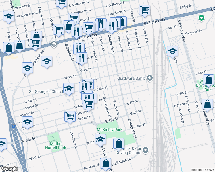 map of restaurants, bars, coffee shops, grocery stores, and more near 321 East 5th Street in Stockton