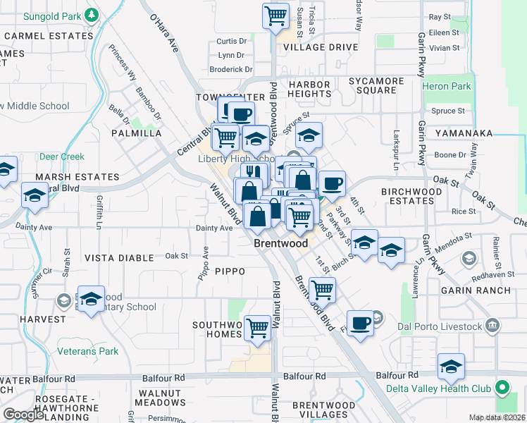 map of restaurants, bars, coffee shops, grocery stores, and more near 8340 Brentwood Boulevard in Brentwood