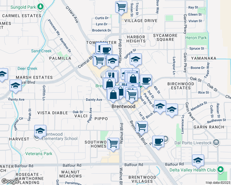 map of restaurants, bars, coffee shops, grocery stores, and more near 8340 Brentwood Boulevard in Brentwood