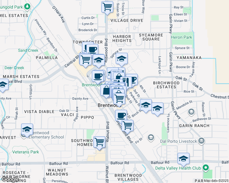 map of restaurants, bars, coffee shops, grocery stores, and more near 740-745 1st Street in Brentwood