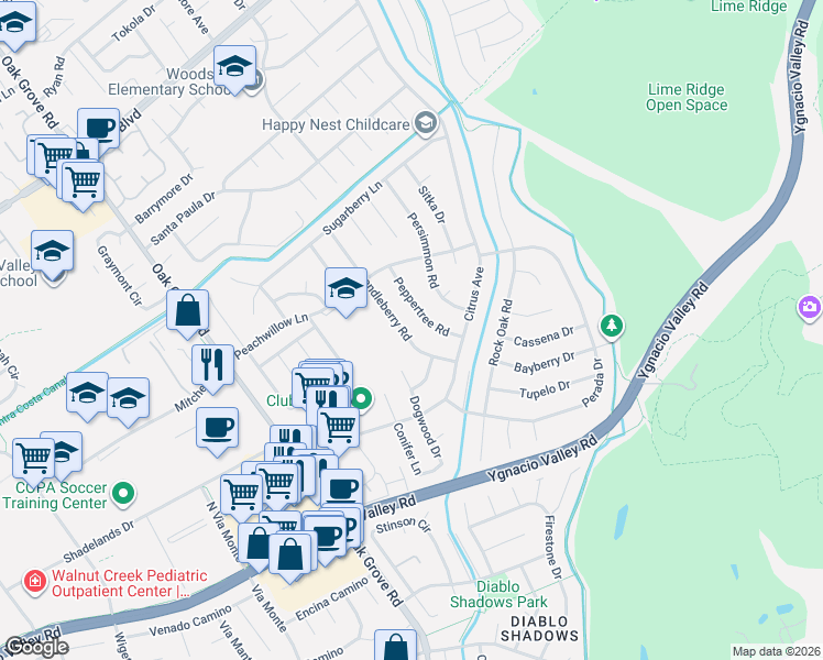 map of restaurants, bars, coffee shops, grocery stores, and more near 401 Peppertree Road in Walnut Creek