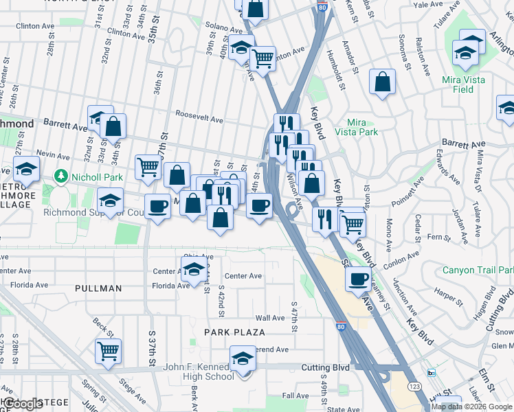 map of restaurants, bars, coffee shops, grocery stores, and more near 330 44th Street in Richmond