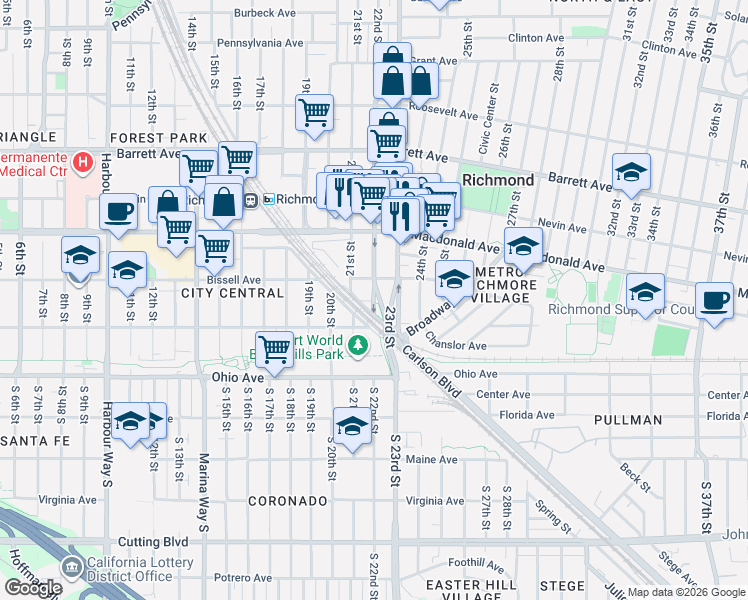 map of restaurants, bars, coffee shops, grocery stores, and more near 165 22nd Street in Richmond